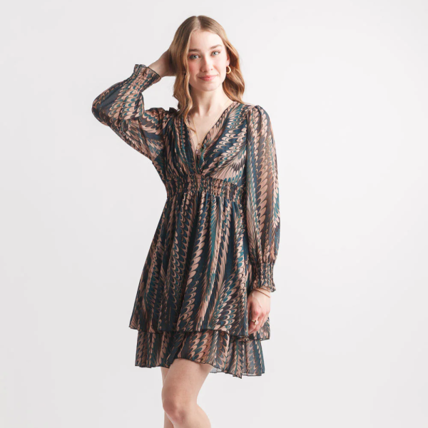 Geometric Print Long Sleeve Mini Dress